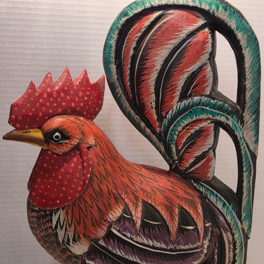 Hand Carved Wooden Rooster Figurine Hand Painted Folk Art Sculpture Rustic Decor - Picture 2 of 10